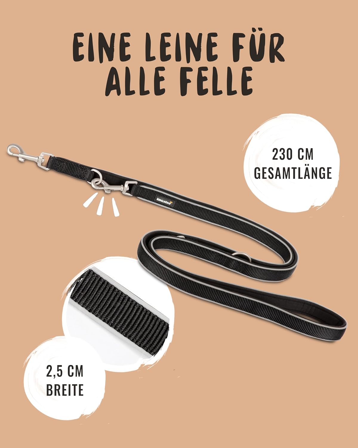 Rudelkoenig Fuehrleine Paola 2,30 m verstellbar reflektierend 1,5cm-2,5cm