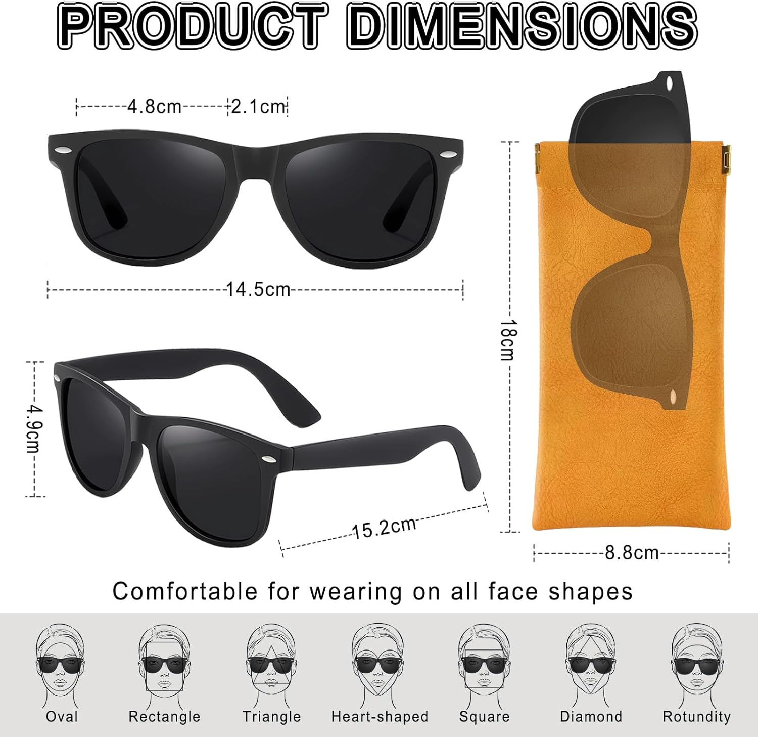Polarisiert Sonnenbrille Herren Damen UV400 rechteckig Schwarz mit Etui