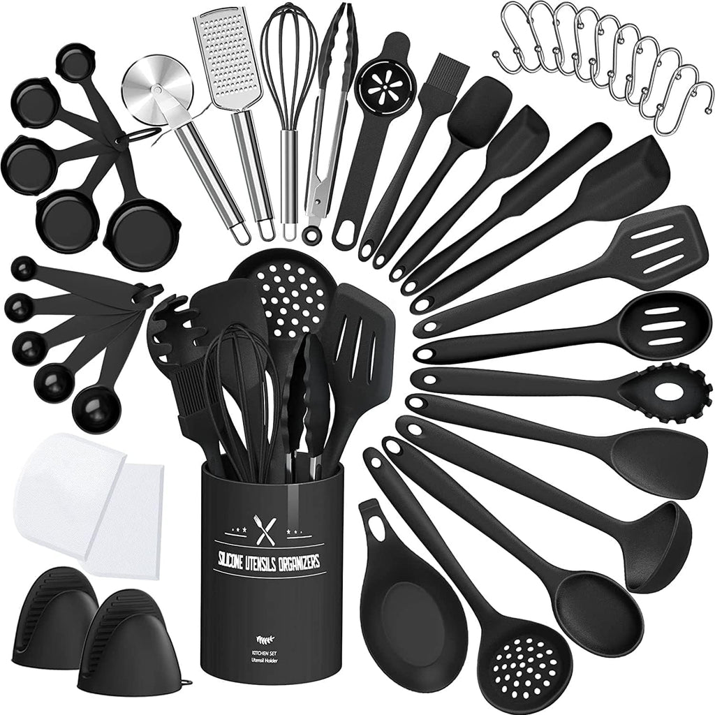 Silikon Kuechenhelfer Set 43-teilig schwarz hitzebestaendig mit Halter