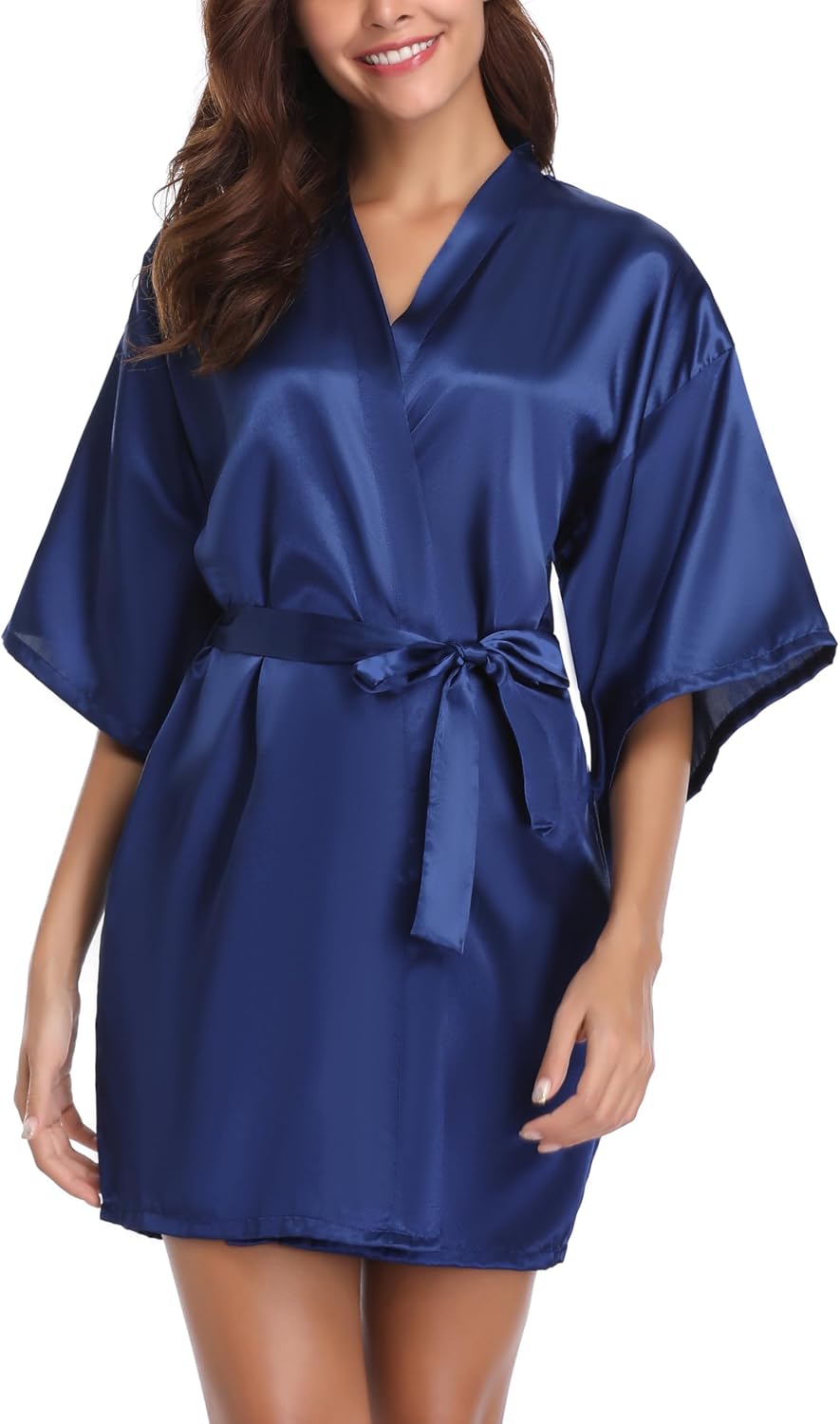 Vlazom Satin Kimono Damen kurz V‑Ausschnitt mit Guertel S-XXL