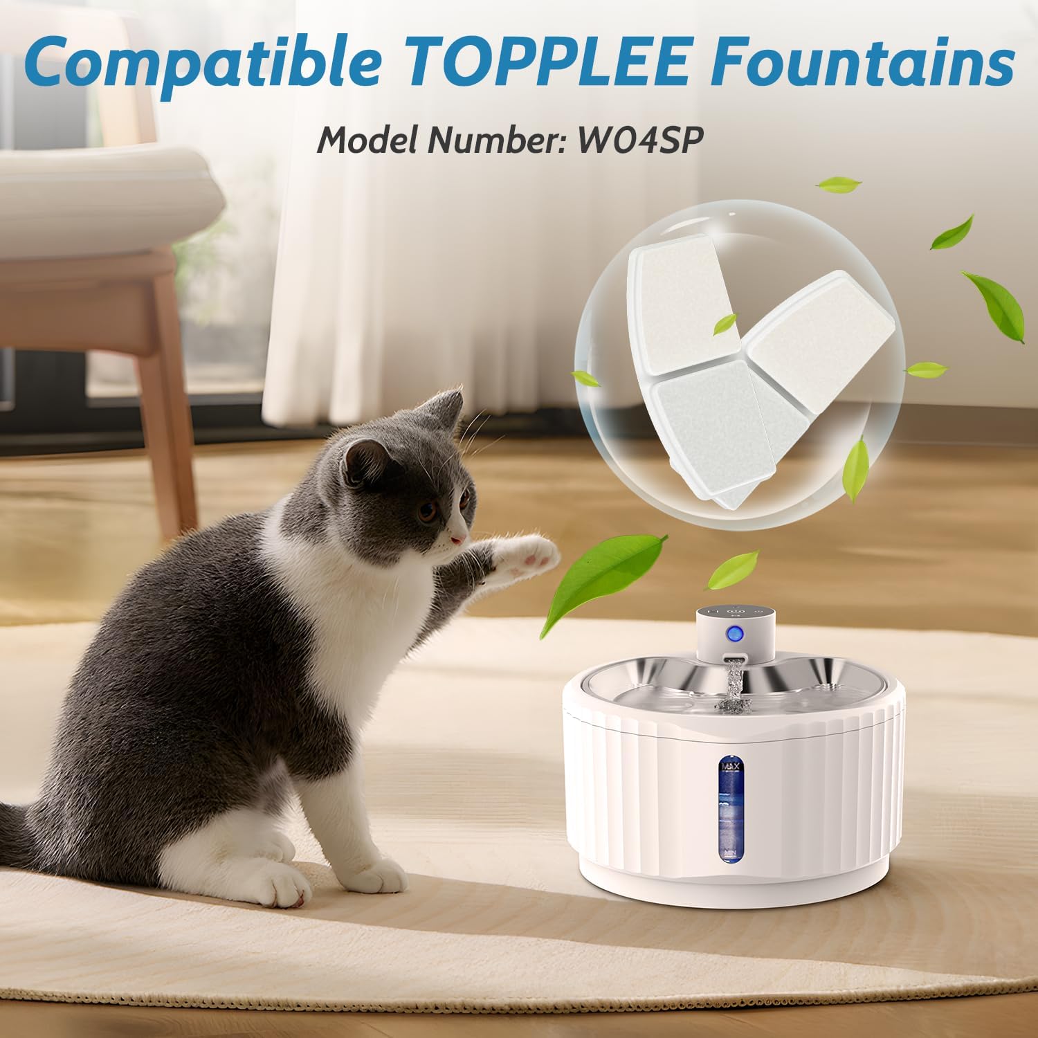 Katzen Trinkbrunnen mit 4000mAh Akku, kabellos, Bewegungsmelder, Ersatzfilt