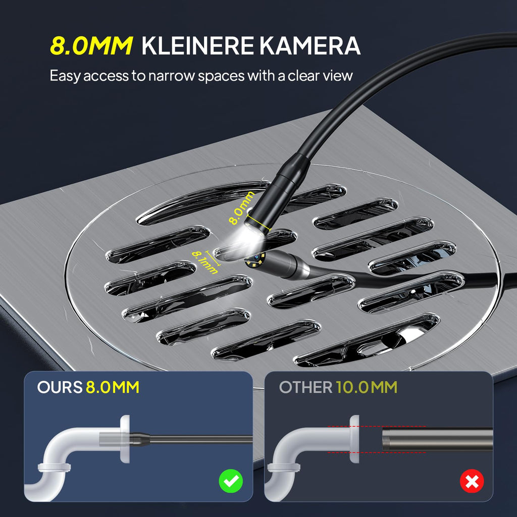 QIMIC Endoskopkamera 1080P mit 2,4" IPS Bildschirm 8 LEDs 2x Zoom 5m-15m
