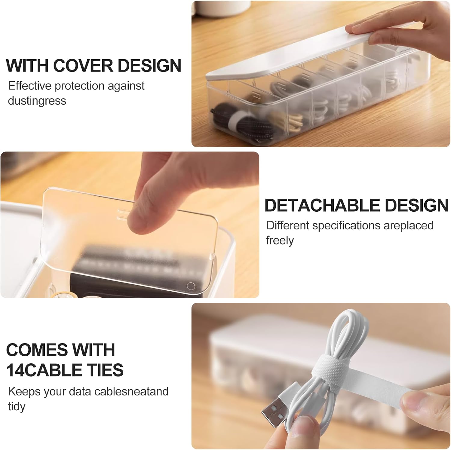 Kabelaufbewahrungsbox transparent 2er Set mit Faechern und Kabelbindern