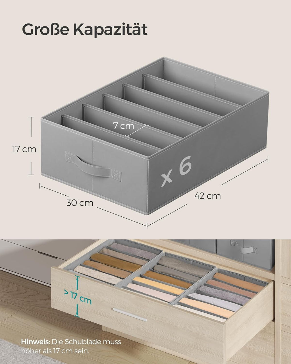 SONGMICS Kleiderschrank Organizer 4er Set Aufbewahrungsbox 6 Faecher Schublade