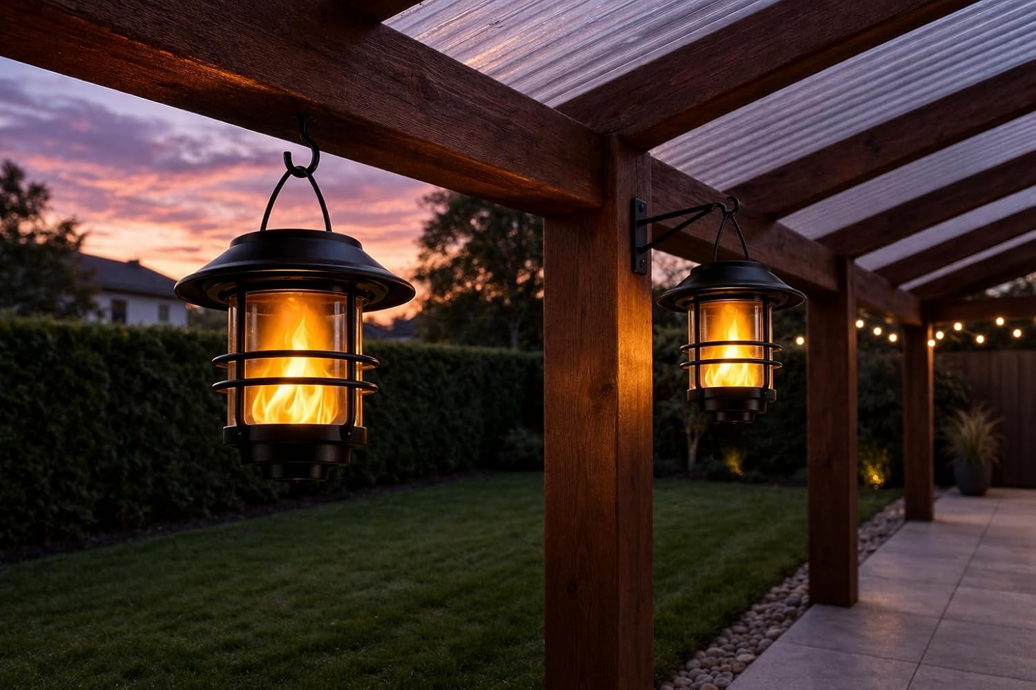 FLOWood Solar Gartenlaterne haengend mit Flammeneffekt IP65 Metall/Glas