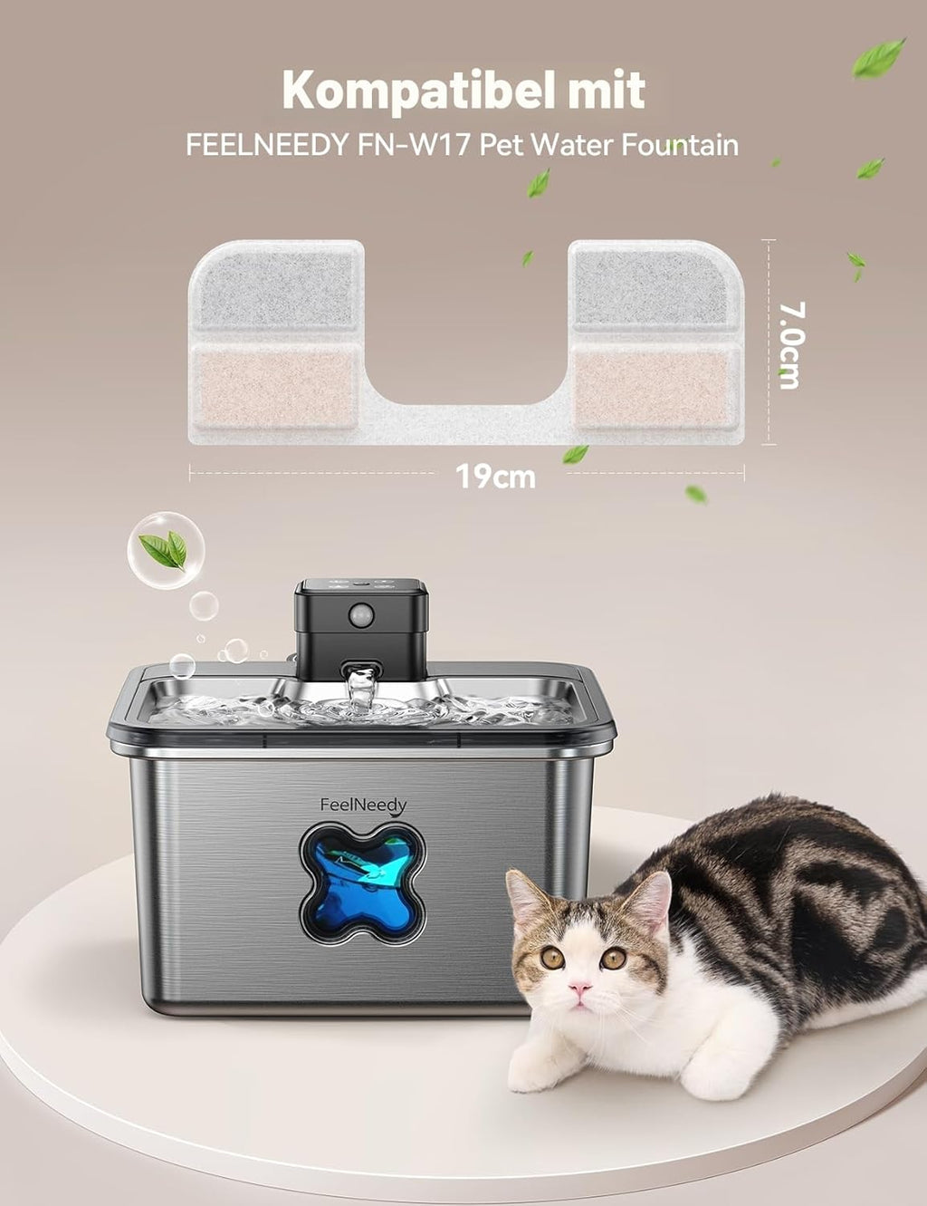 FEELNEEDY Katzenbrunnen Kabellos Edelstahl 4000mAh Akku mit Bewegungsmelder