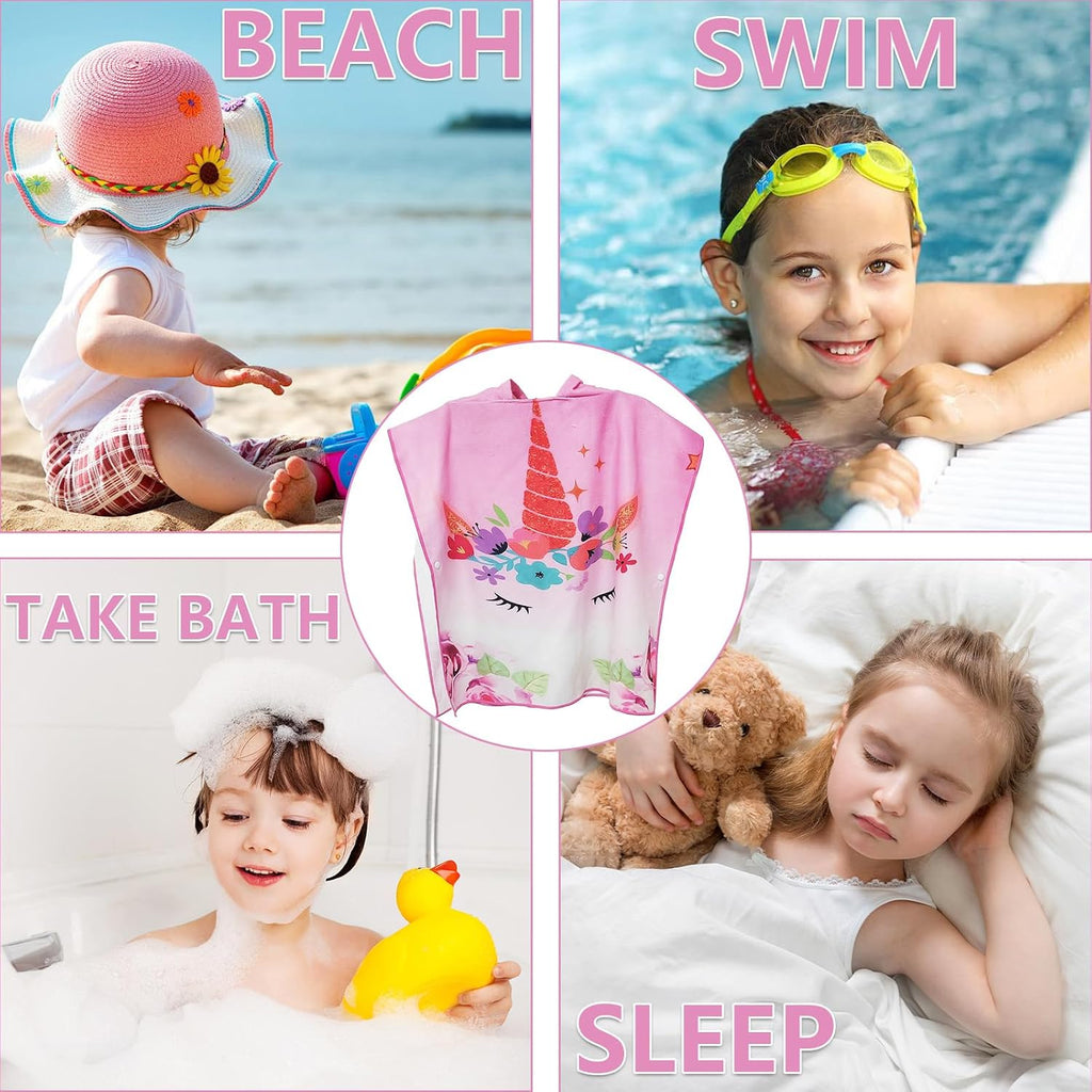 Badeponcho Kinder Mikrofaser mit Kapuze und Druckknoepfen, saugfaehig, Rosa Blumen