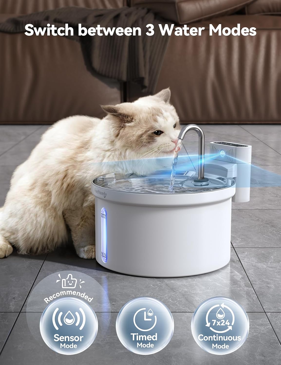 FEELNEEDY Katzenbrunnen Akku 4000mAh kabellos Edelstahl mit Sensor und 3 Fi