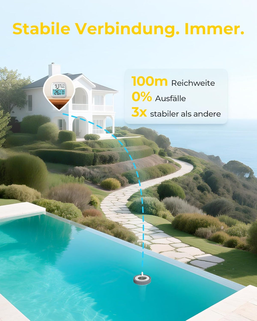 Newentor Funk-Poolthermometer schwimmend mit Basisstation, 100 m Reichweite, 6 M