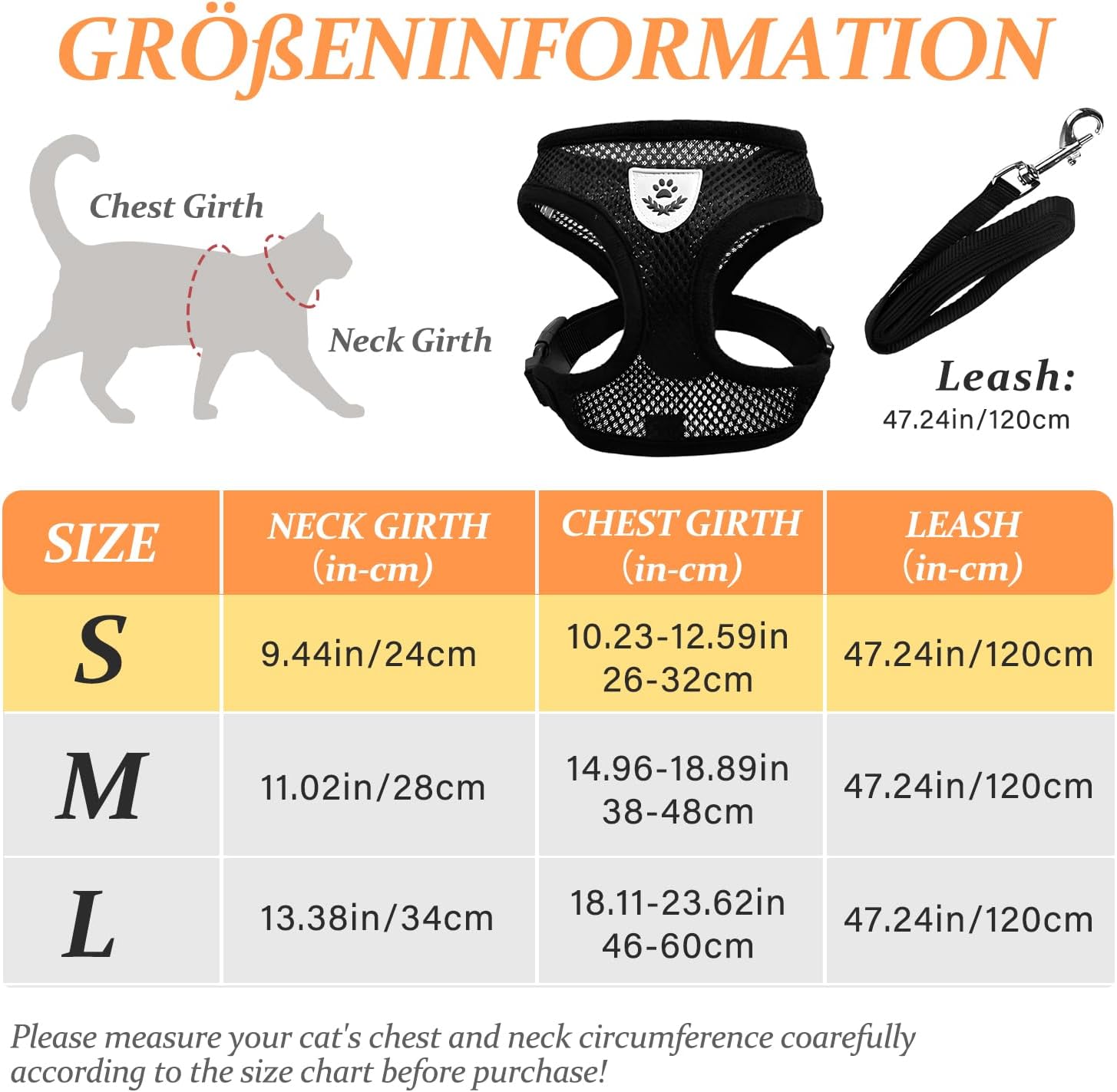 Katzengeschirr verstellbar 32cm-60cm atmungsaktiv mit Leine und Gloeckchen