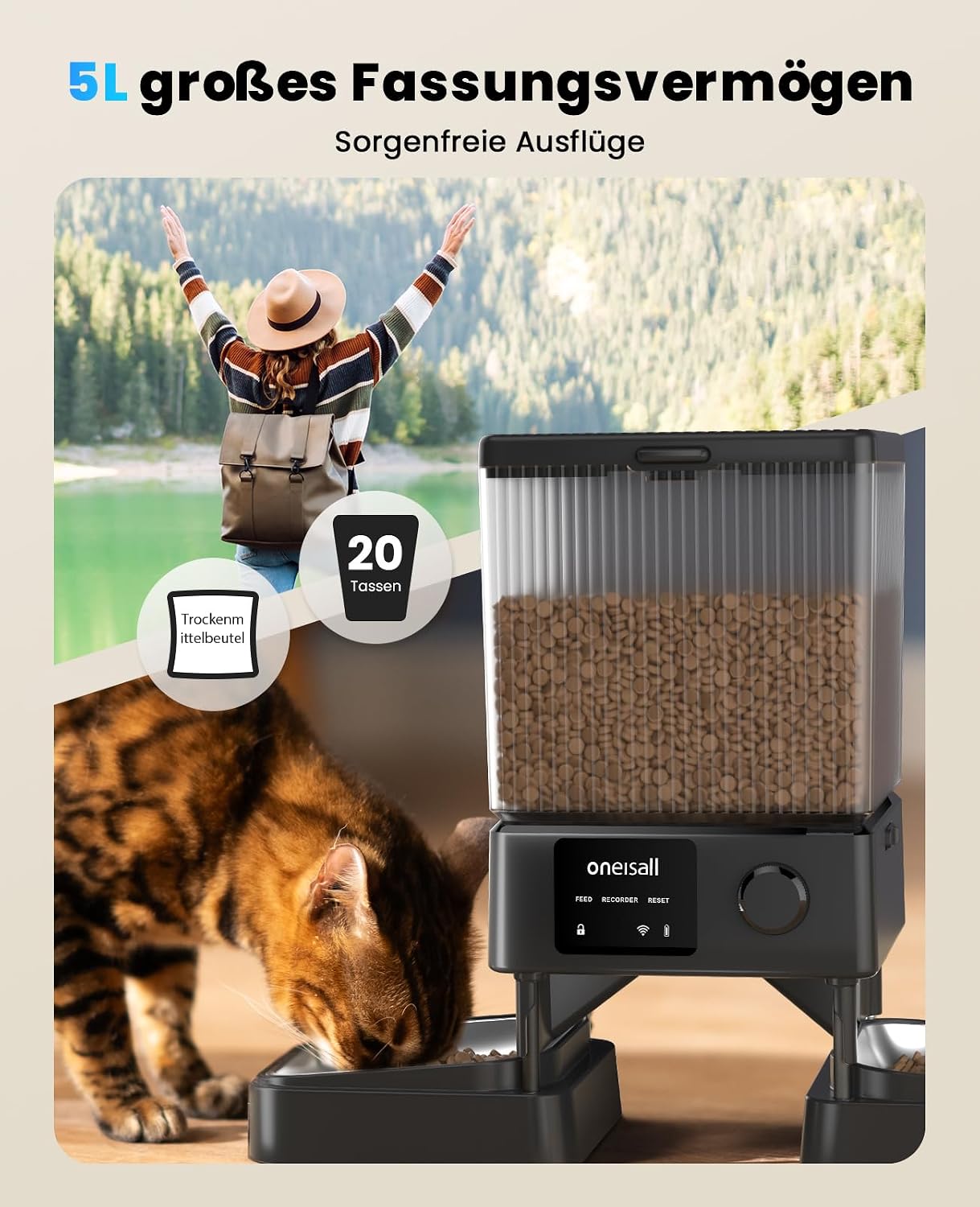 oneisall Futterautomat Katze mit 2 Naepfen WiFi App Steuerung Voice Recorder