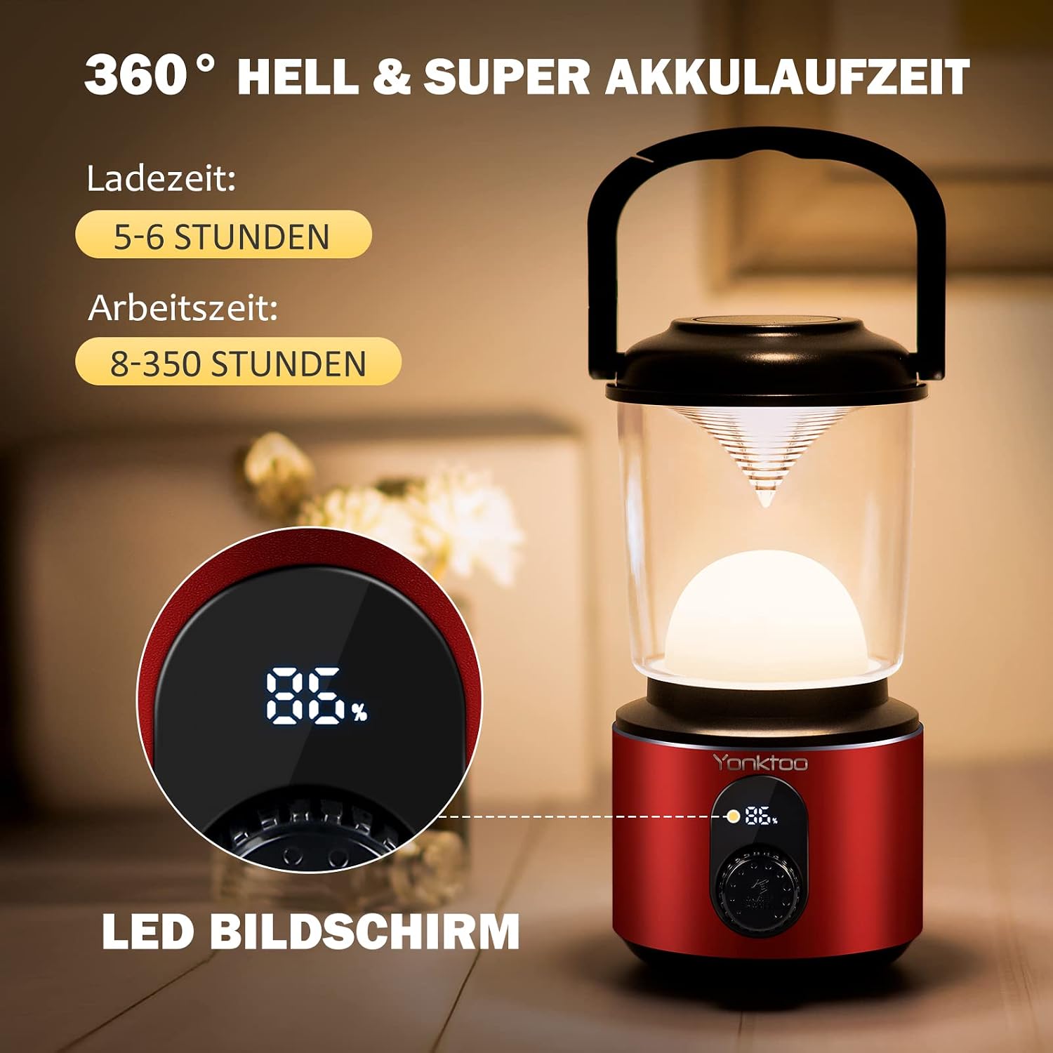 Yonktoo Campinglampe USB‑C 10400 mAh LED mit rotem Licht, LCD, IPX5