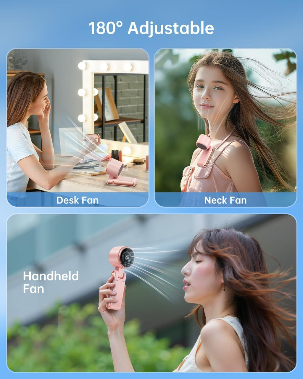 SWEETFULL Mini Handventilator Akku 5 Stufen 9 m/s 12 Std tragbar Tisch Hals Schw