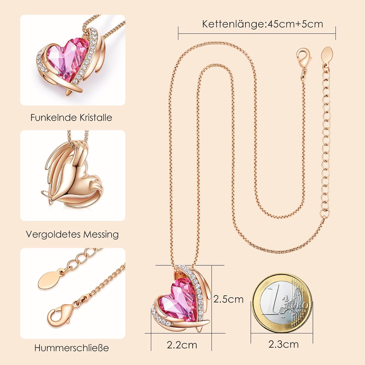 CDE Damen Halskette Roségold Herz Anhaenger Schmuck Geschenk