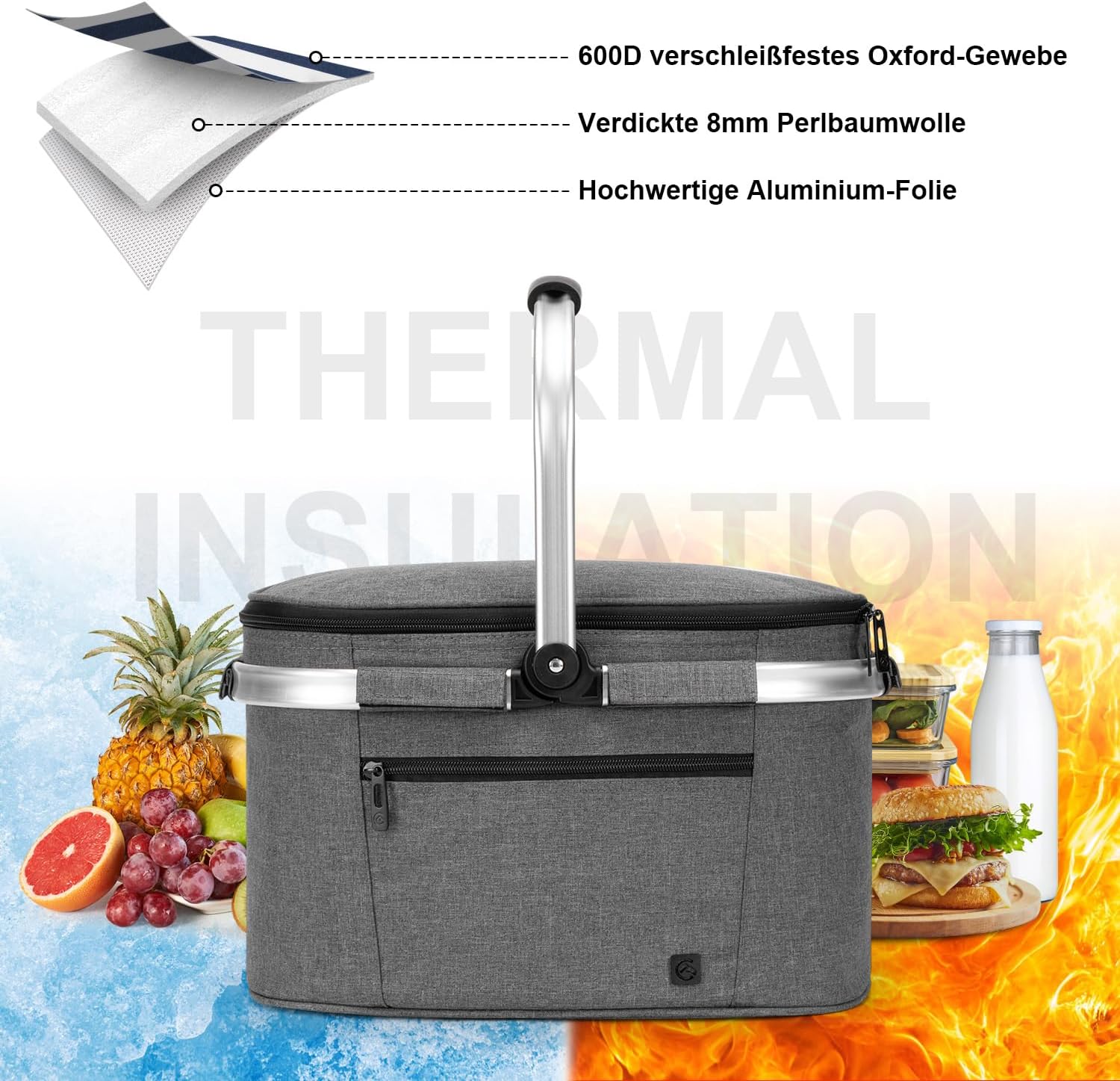 ALLCAMP Kuehlkorb faltbar mit Deckel und Aluminiumrahmen L-XL Thermotasche