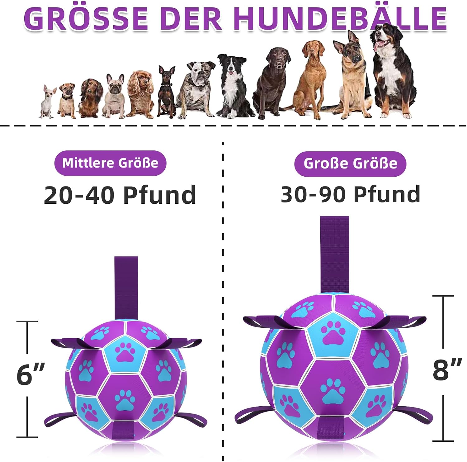 HETOO Hundeball 6" mit Griff fuer mittlere und grosse Hunde M-L lila/blau