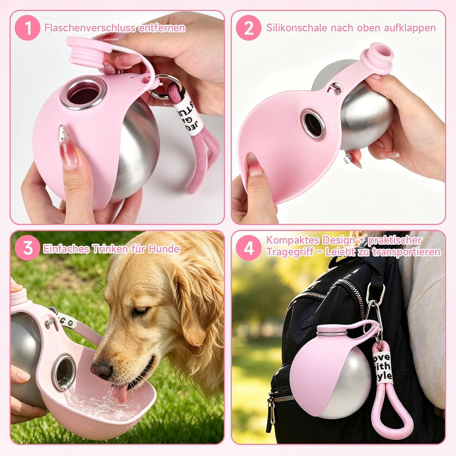 Hunde Trinkflasche 285ml Edelstahl mit faltbarem Silikonnapf auslaufsicher