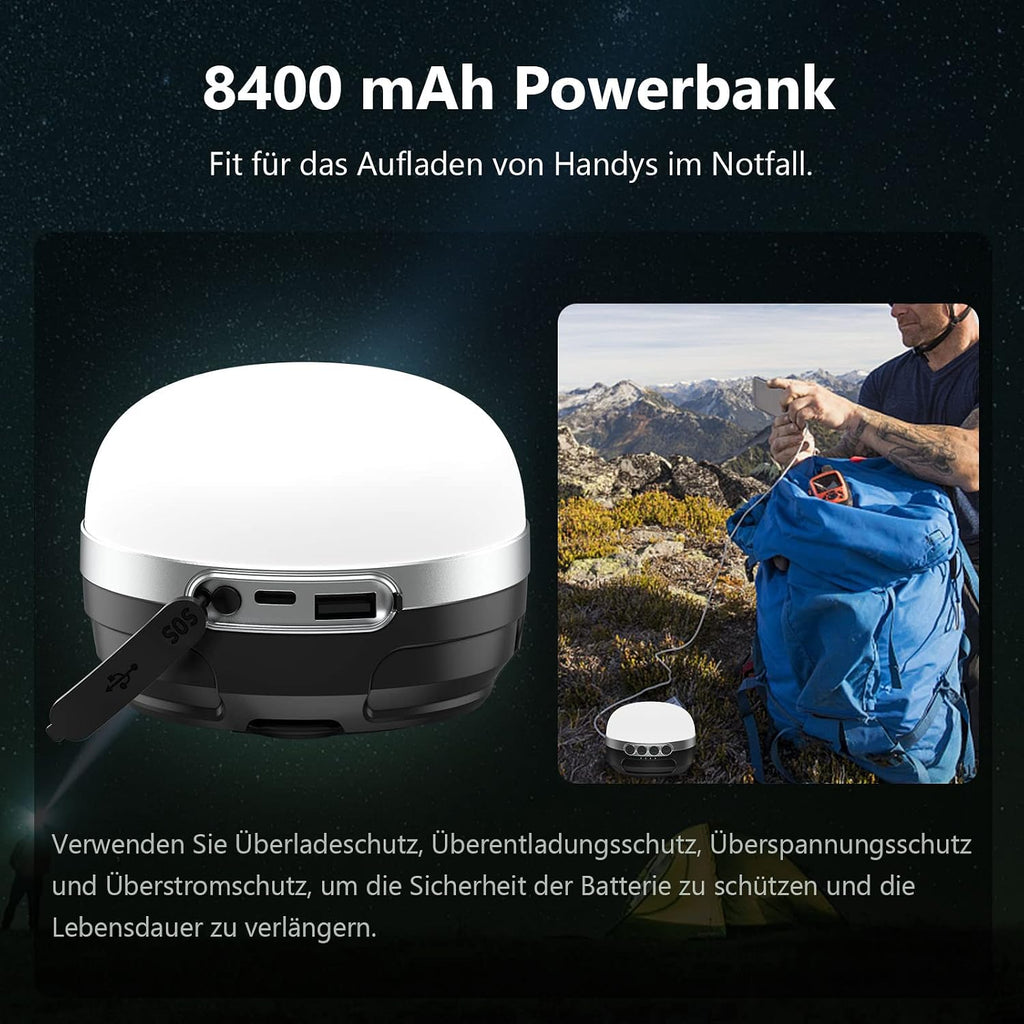 LED Campinglampe 8400 mAh Akku USB-C wiederaufladbar RGB Farbwechsel dimmbar