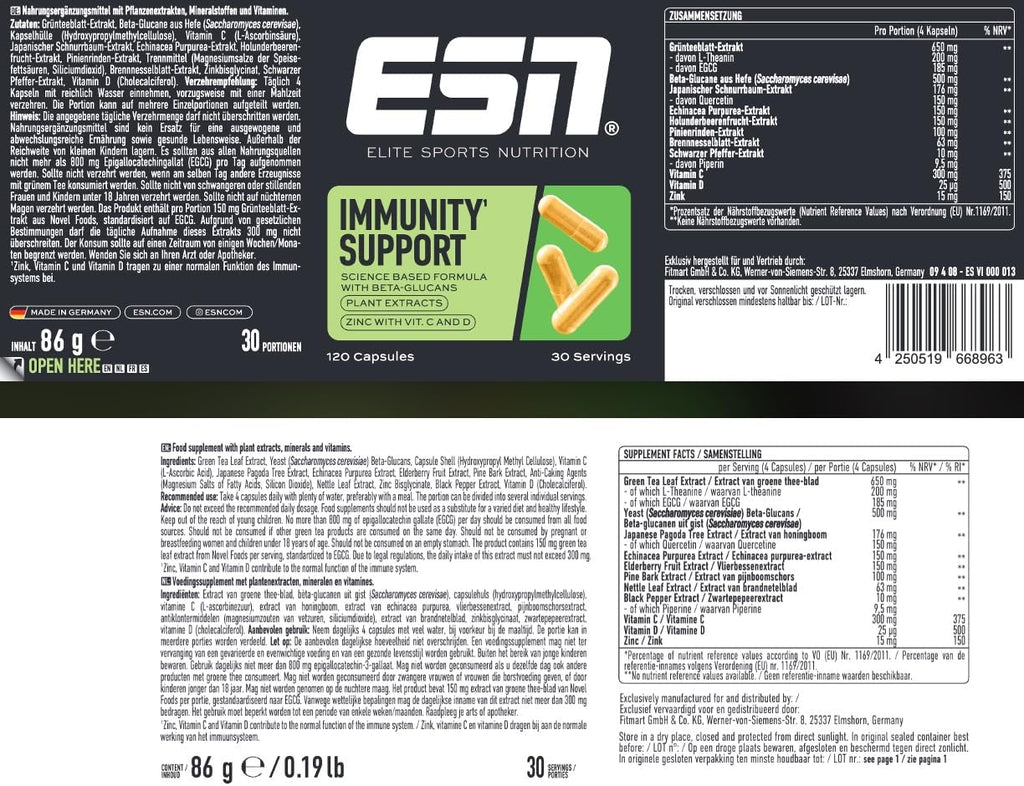 ESN Immunity Support 120 Kapseln 30 Portionen mit Pflanzenextrakten Zink Vitamin
