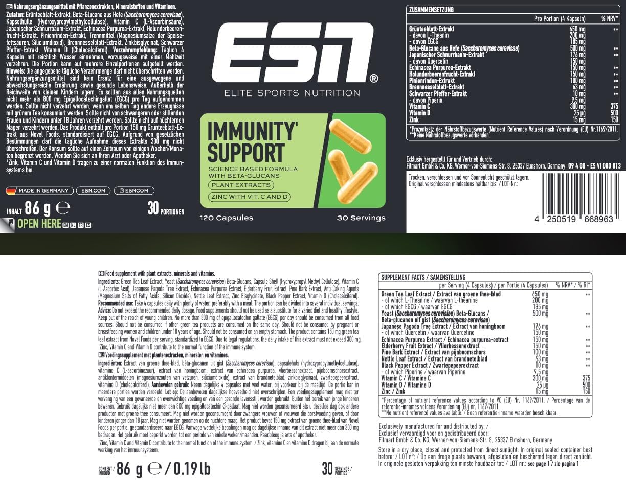 ESN Immunity Support 120 Kapseln 30 Portionen mit Pflanzenextrakten Zink Vitamin
