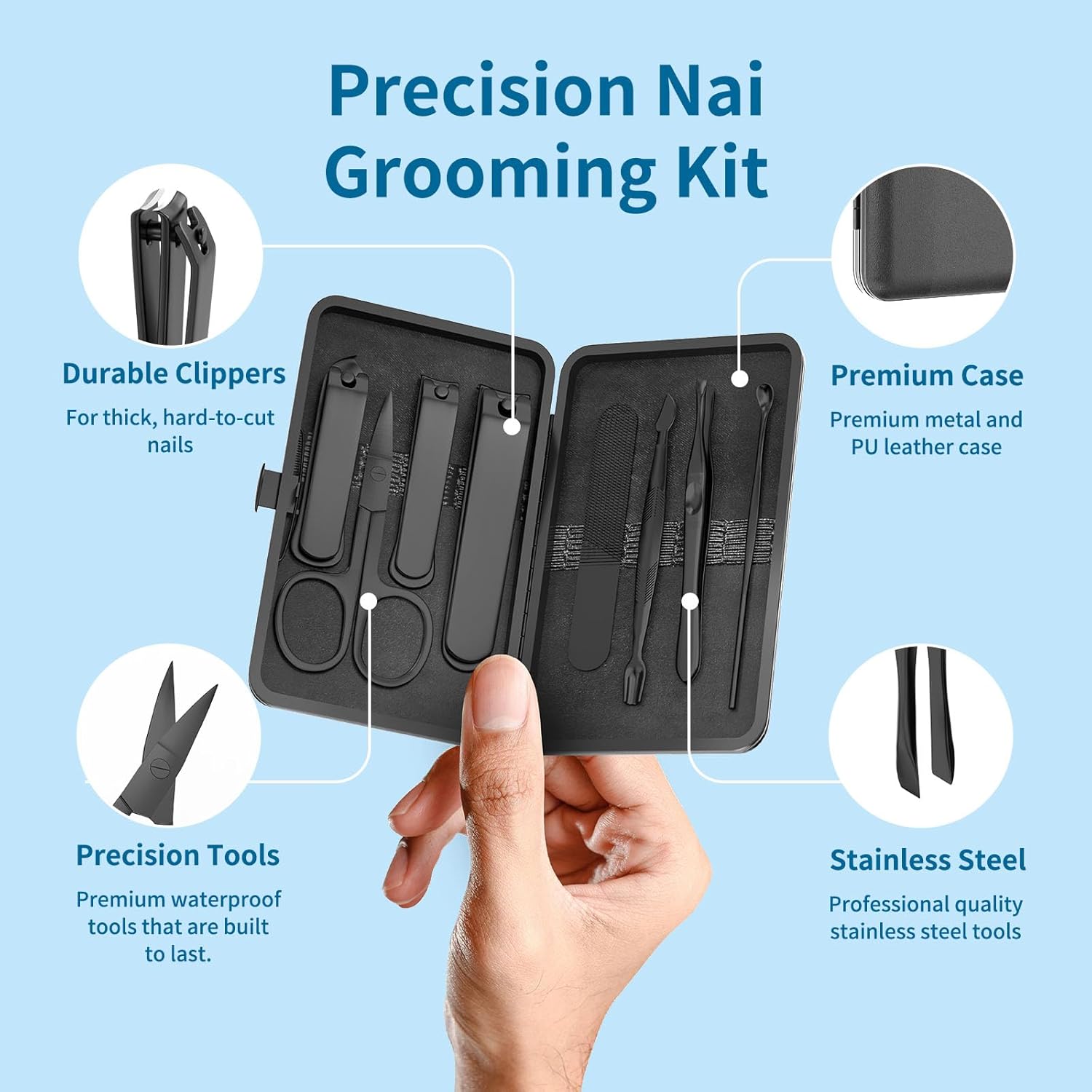 Herren Manikuere Set 8-teilig Edelstahl Reiseset Nagelknipser Pinzette