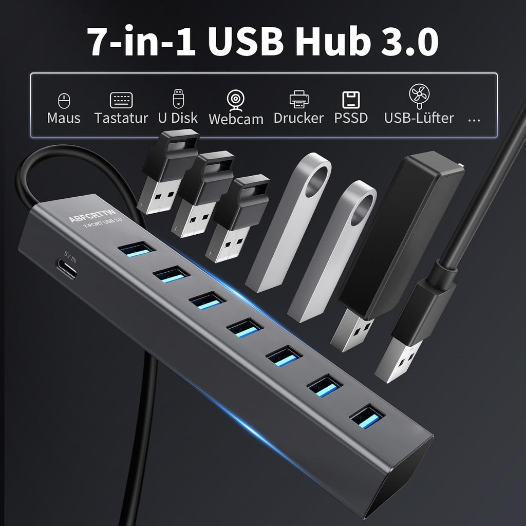 USB 3.0 Hub 7 Port Aluminium 5 Gbps Verteiler 30cm-180cm
