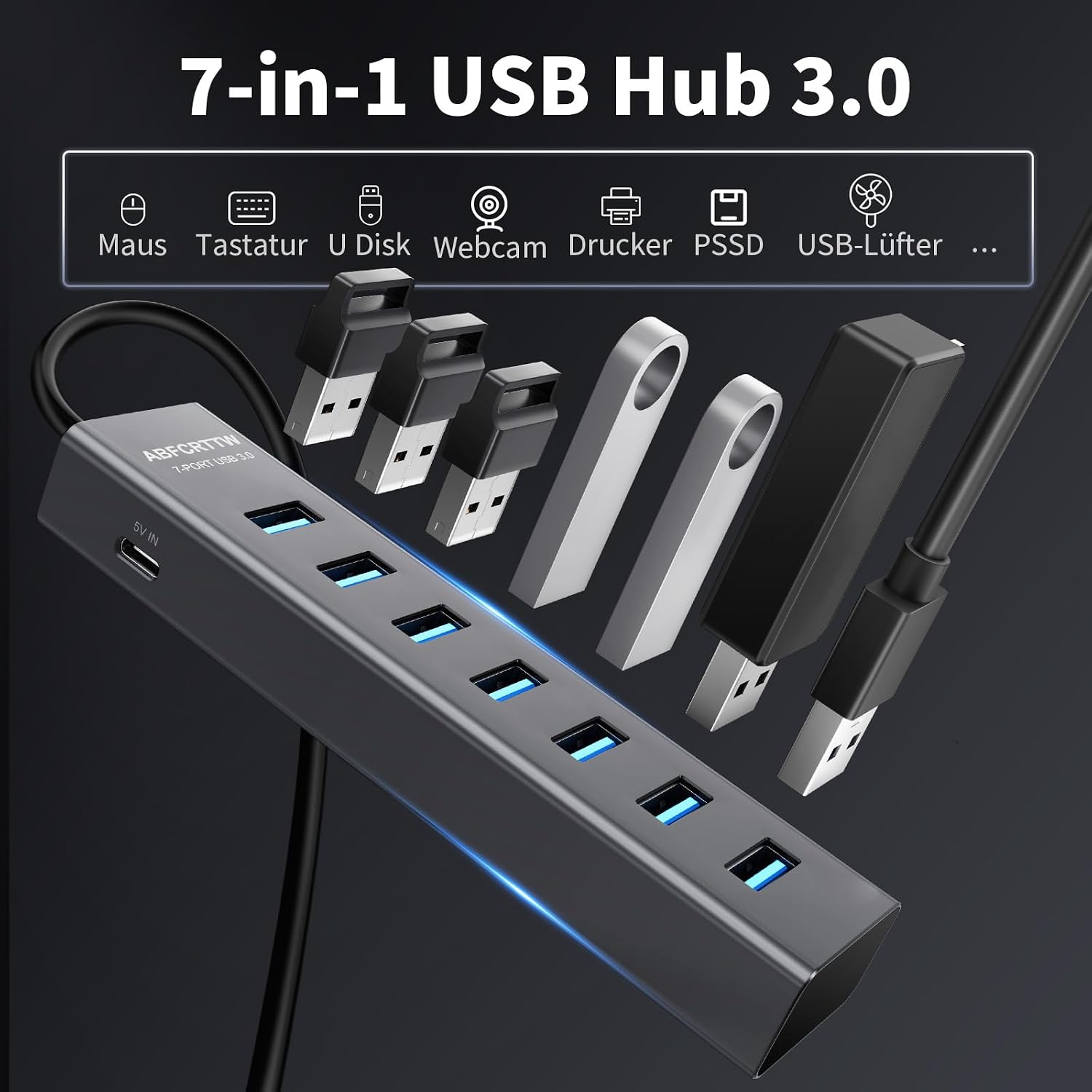 USB 3.0 Hub 7 Port Aluminium 5 Gbps Verteiler 30cm-180cm