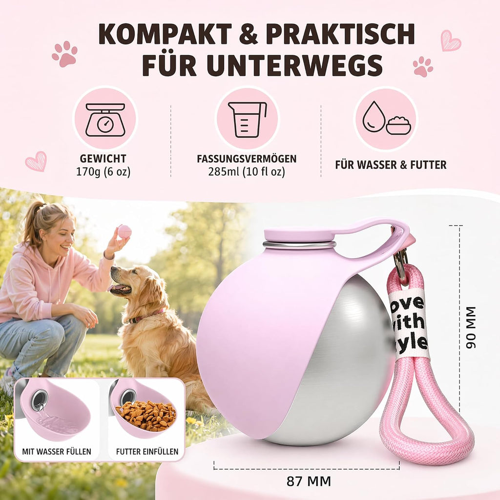 Hunde Trinkflasche 285ml Edelstahl mit faltbarem Silikonnapf auslaufsicher