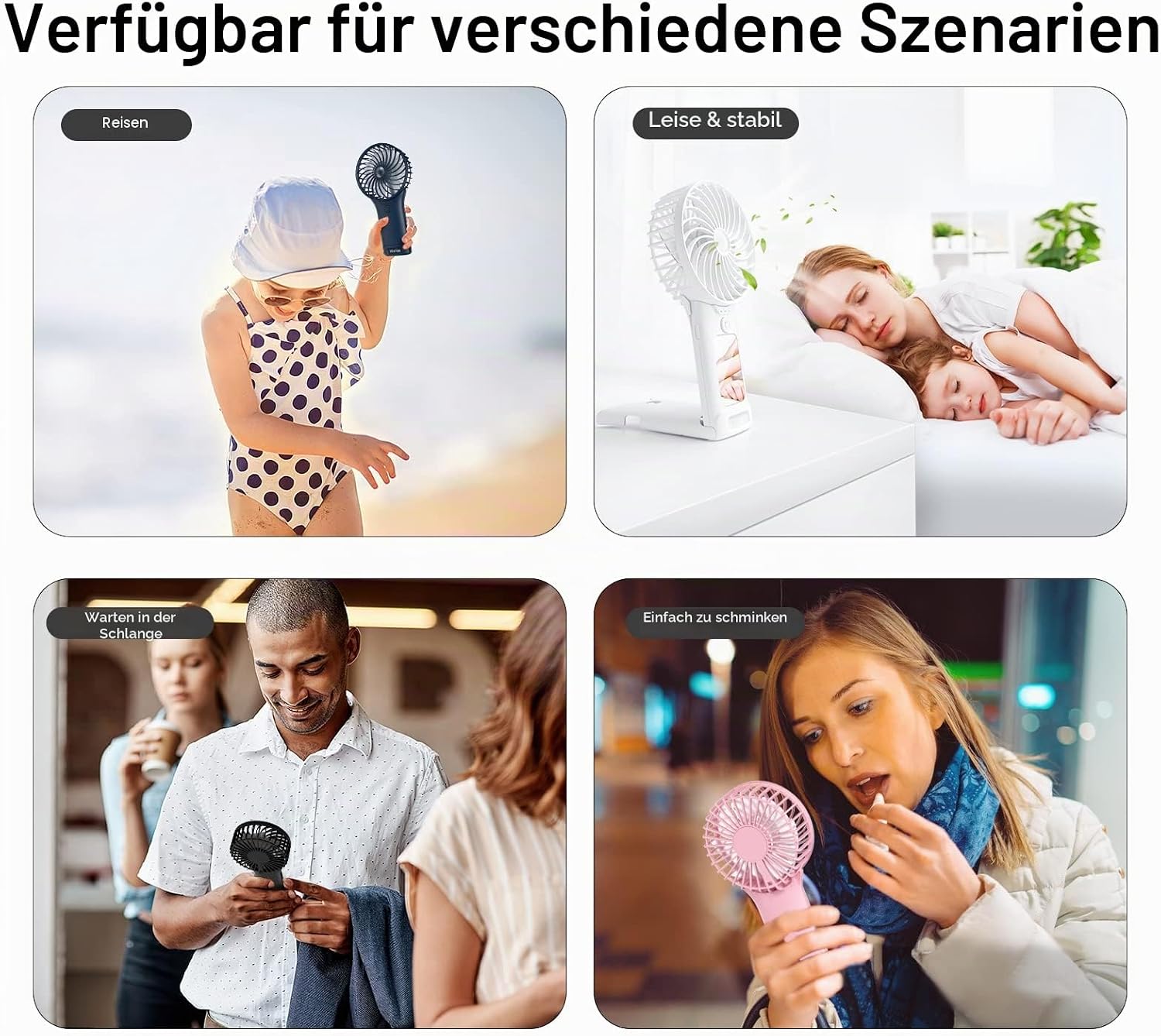 Handventilator USB wiederaufladbar 2000mAh 4 Stufen leiser Mini mit Spiegel