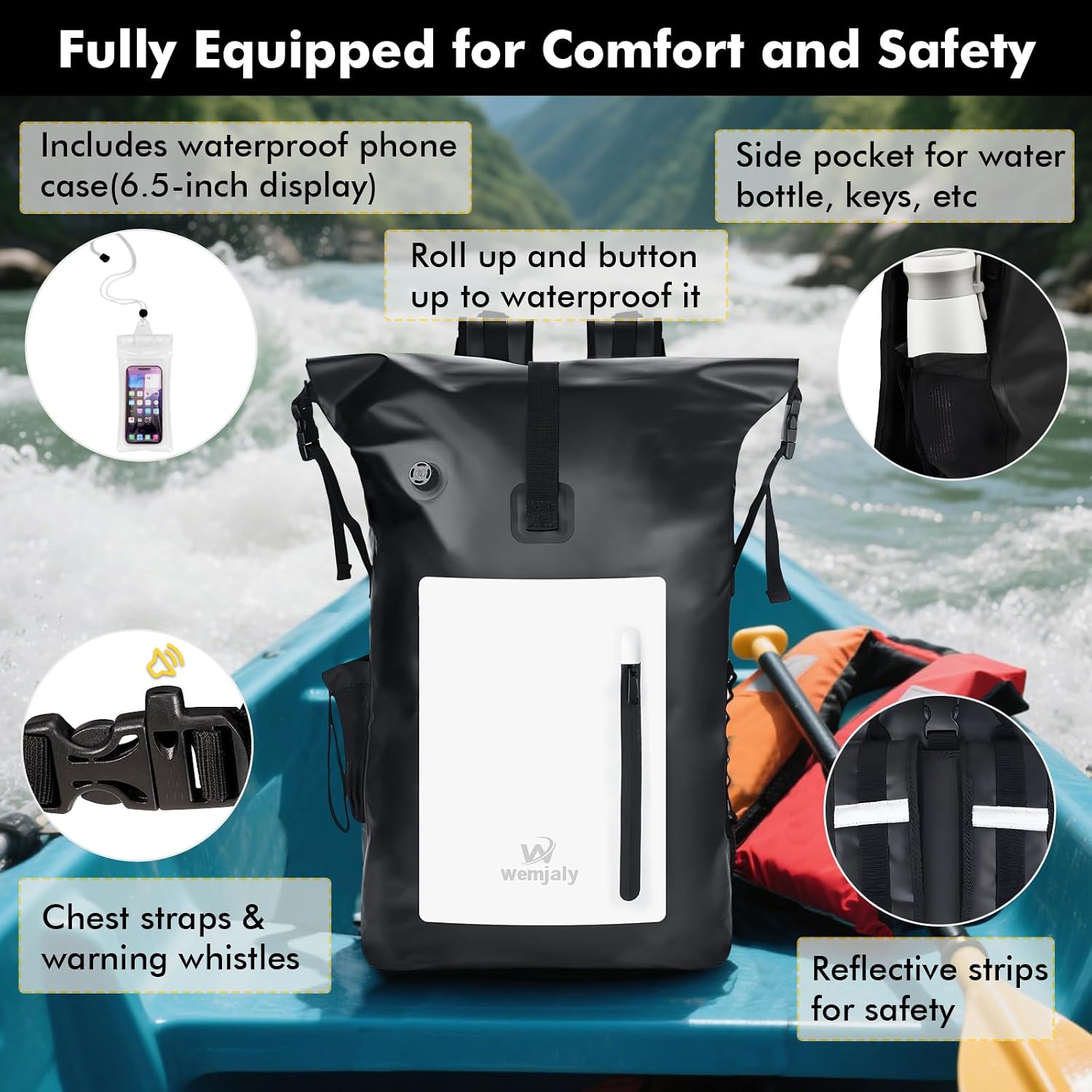 30L Rolltop Rucksack wasserdicht mit Laptopfach und IPX8 Handyhuelle