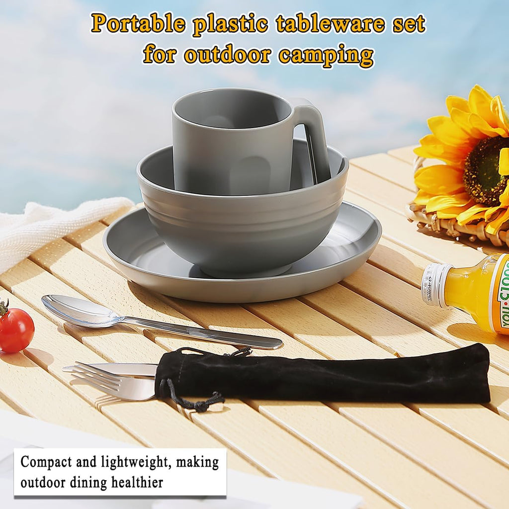 ReaNea Camping Besteckset mit Messer Gabel Loeffel Tasse Schuessel Teller