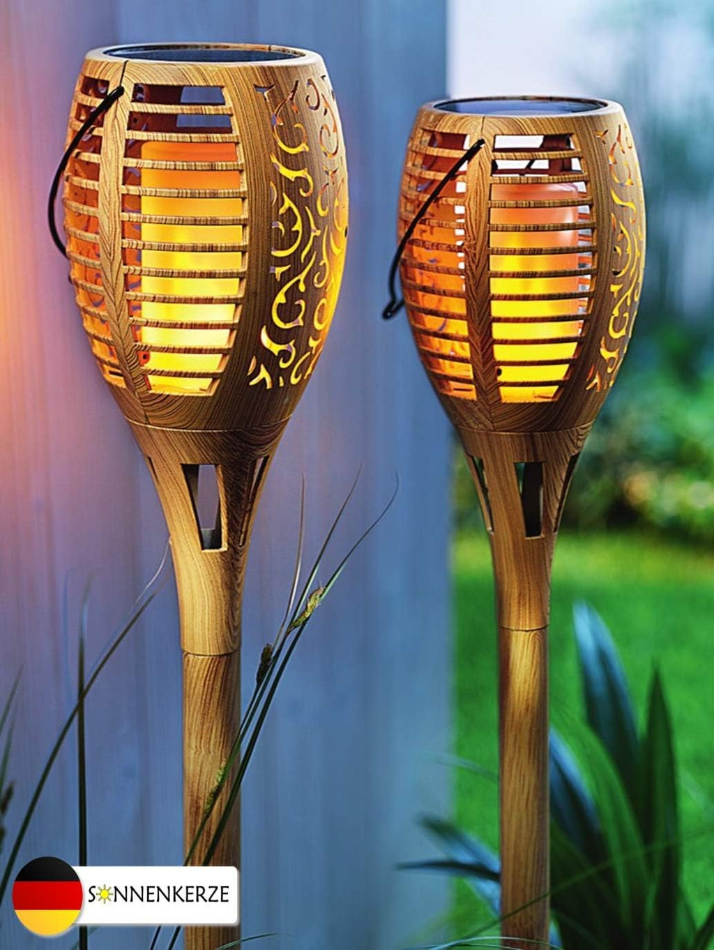 Solar Gartenstecker 2er-Set Bambusoptik XXL mit LED Flammen-Effekt, 3in1