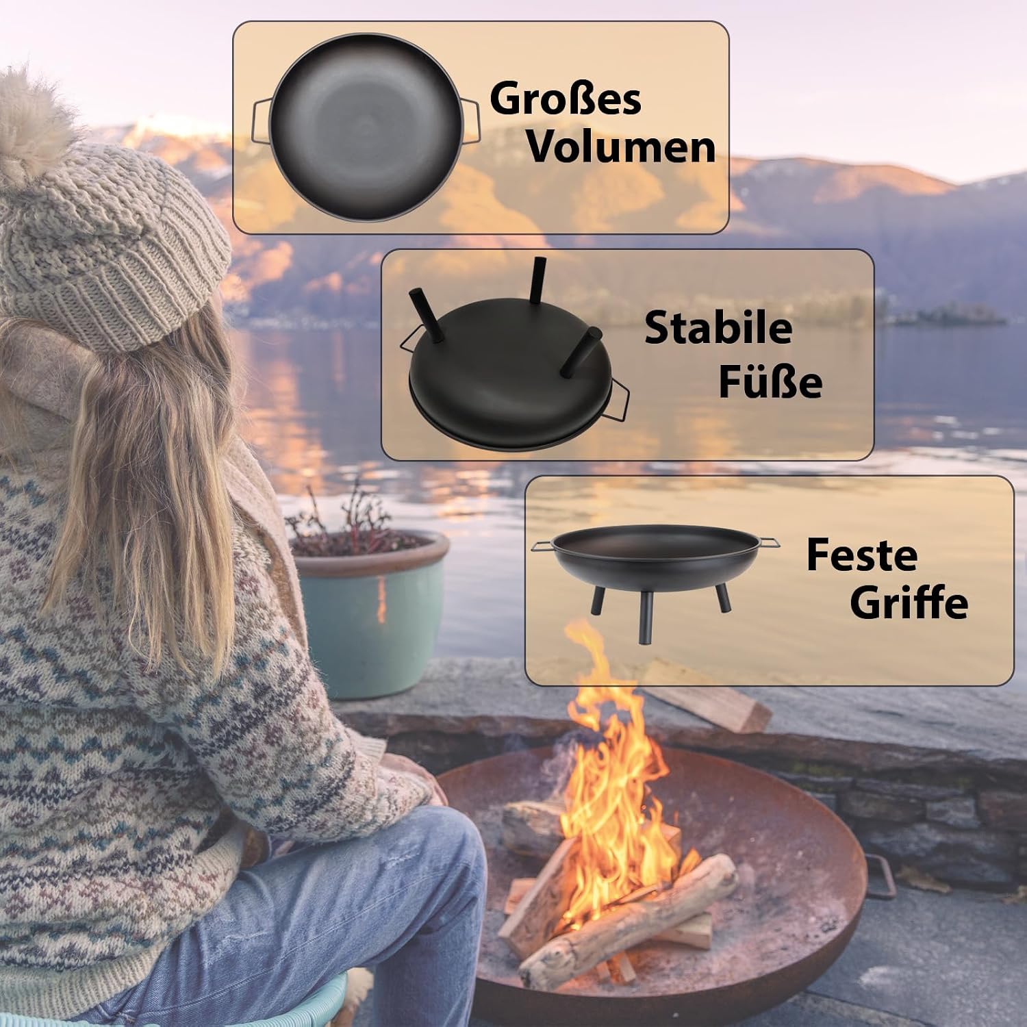 Montafox Feuerschale aus Metall Ø 58 cm fuer Garten Terrasse Lagerfeuer