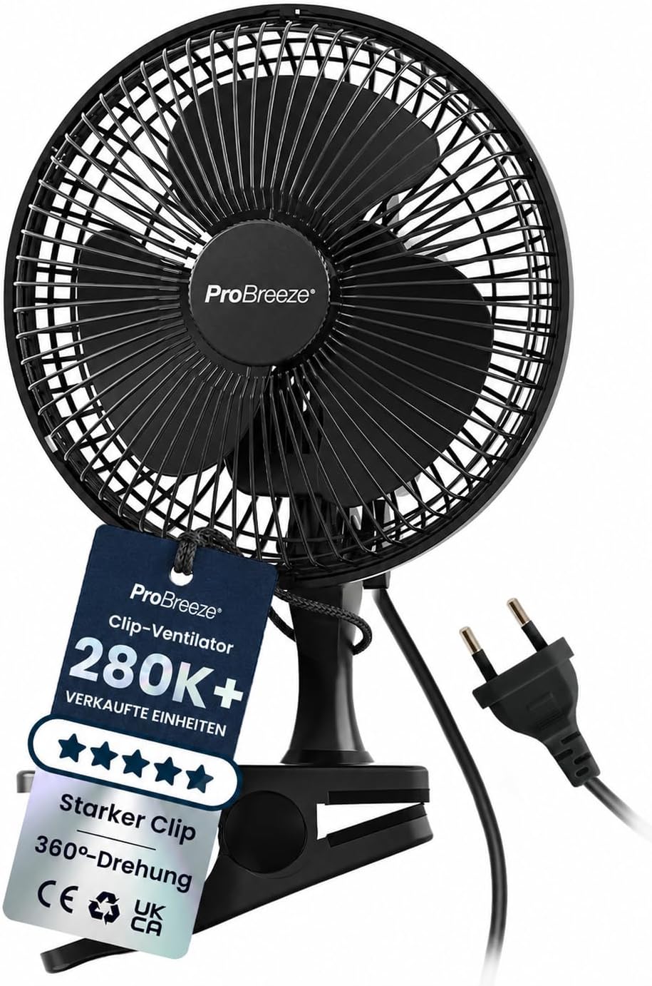 Pro Breeze Tischventilator 20 cm mit Clip, 2 Geschwindigkeiten, leise