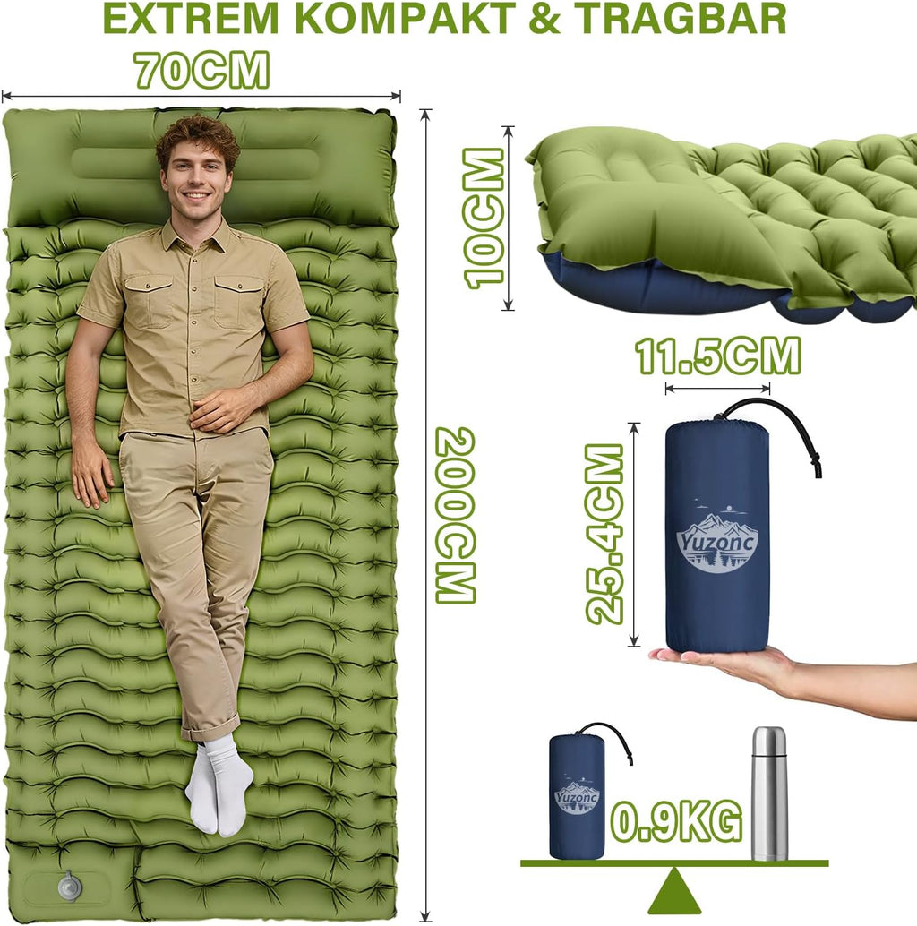 Yuzonc Isomatte aufblasbar mit Fusspumpe und Kopfkissen, leicht, kompakt