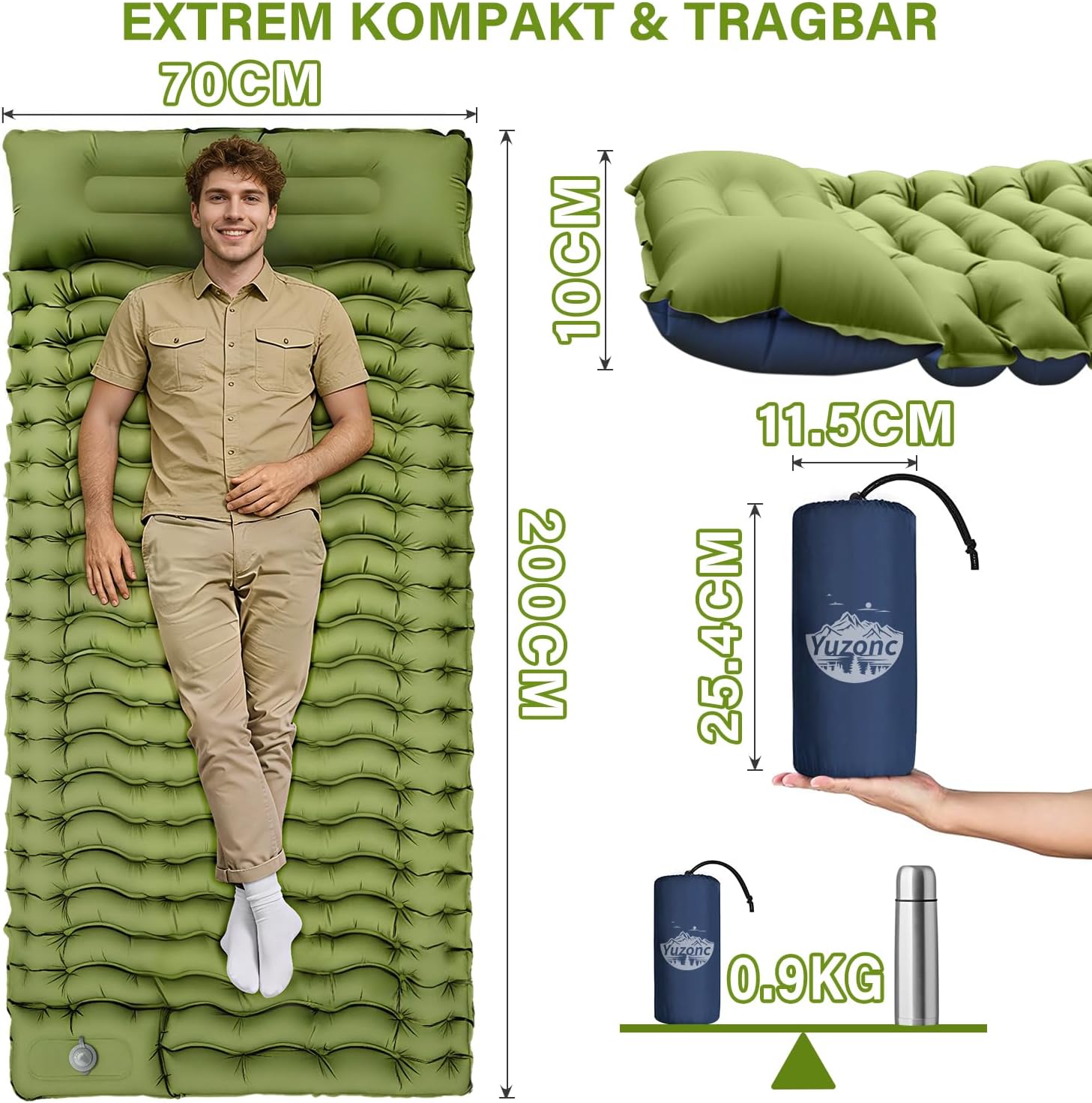 Yuzonc Isomatte aufblasbar mit Fusspumpe und Kopfkissen, leicht, kompakt
