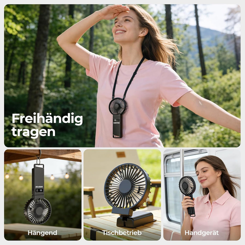 SURFOU Handventilator 4000mAh Akku USB-C wiederaufladbar 4 Geschwindigkeiten lei
