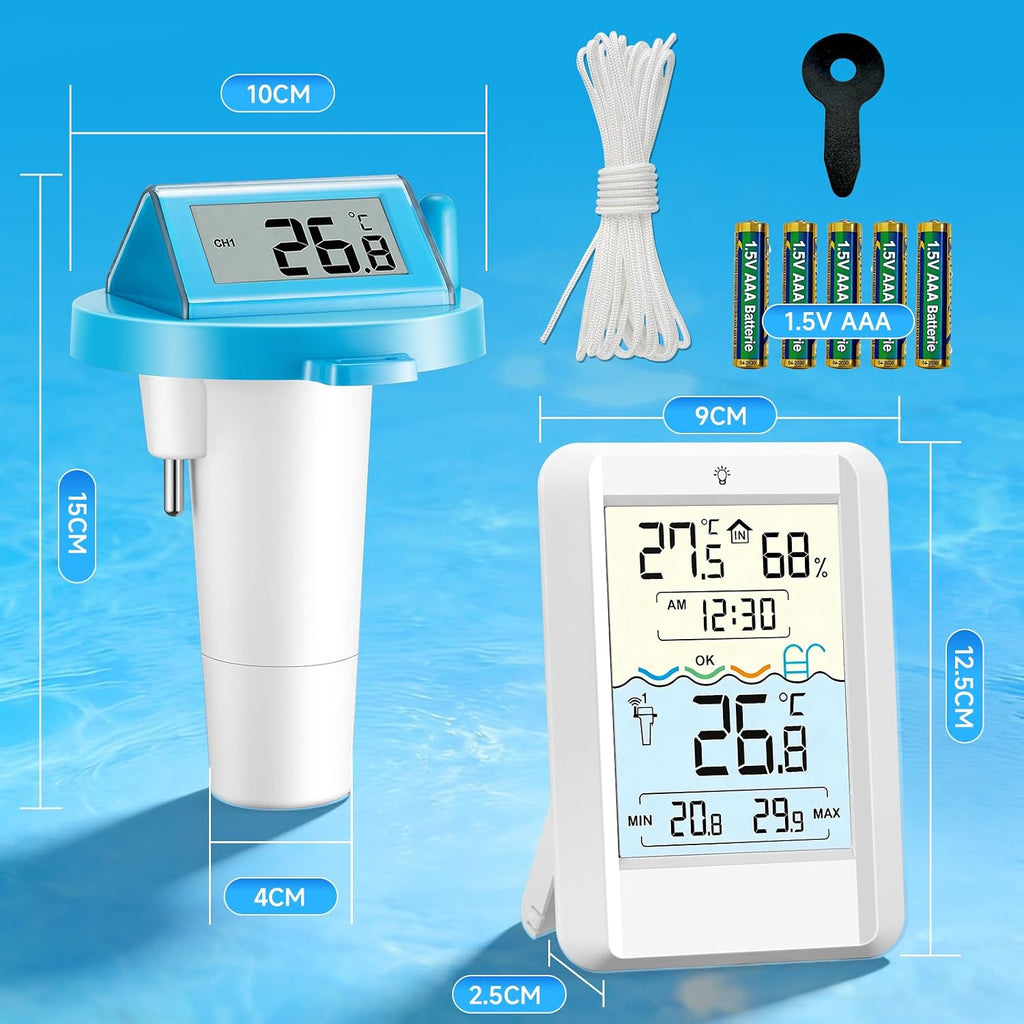 Warmfay Funk Poolthermometer schwimmend, solar/akku, wasserdicht IP68, Empfaenger