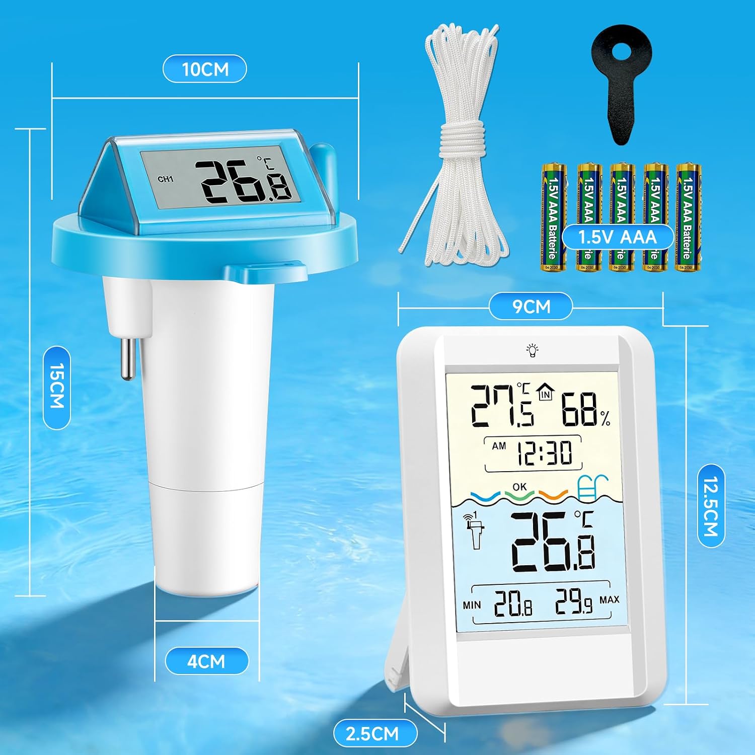 Warmfay Funk Poolthermometer schwimmend, solar/akku, wasserdicht IP68, Empfaenger