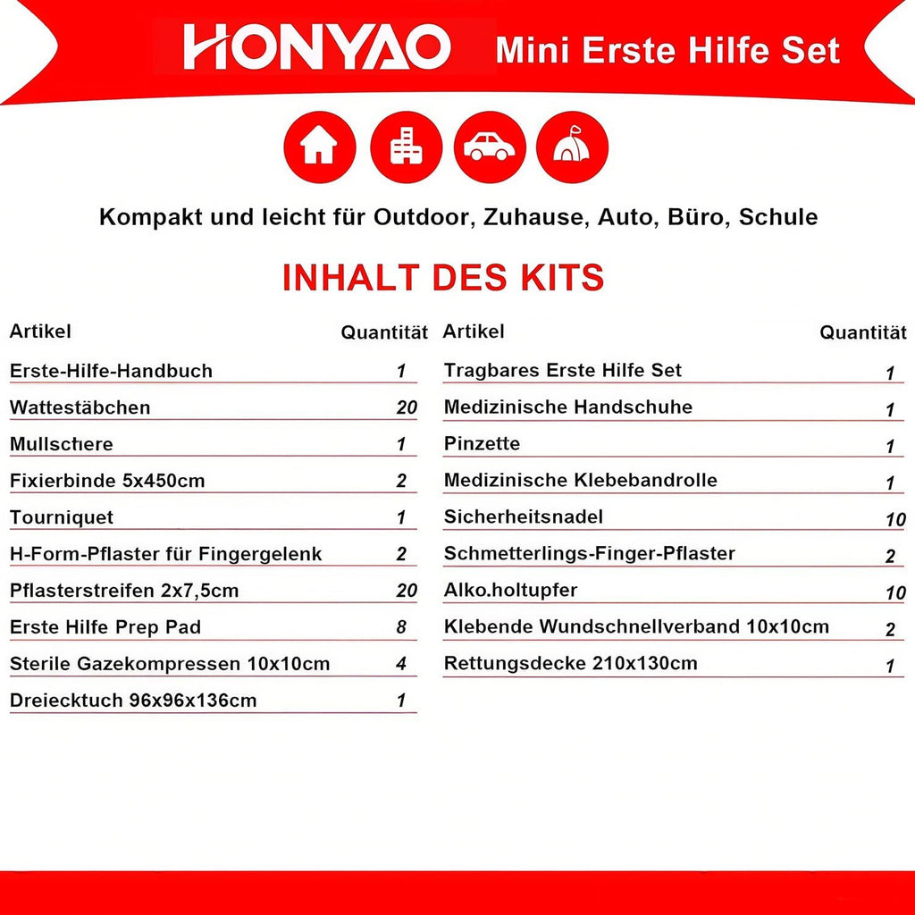 HONYAO Erste Hilfe Set 90-teilig Reiseapotheke Notfalltasche fuer Auto Camping