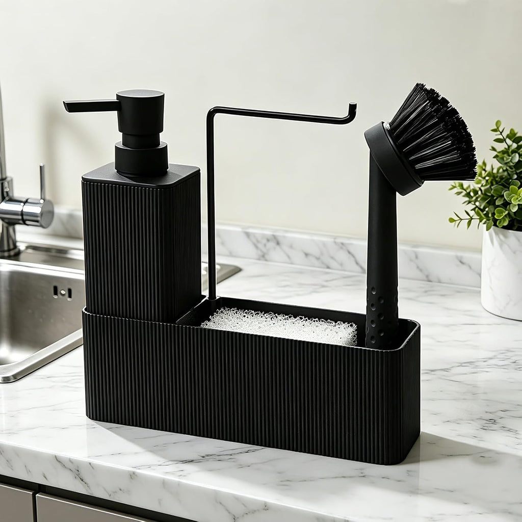 Spuelmittelspender mit Schwammhalter Schwarz Set fuer Kueche Waschbecken