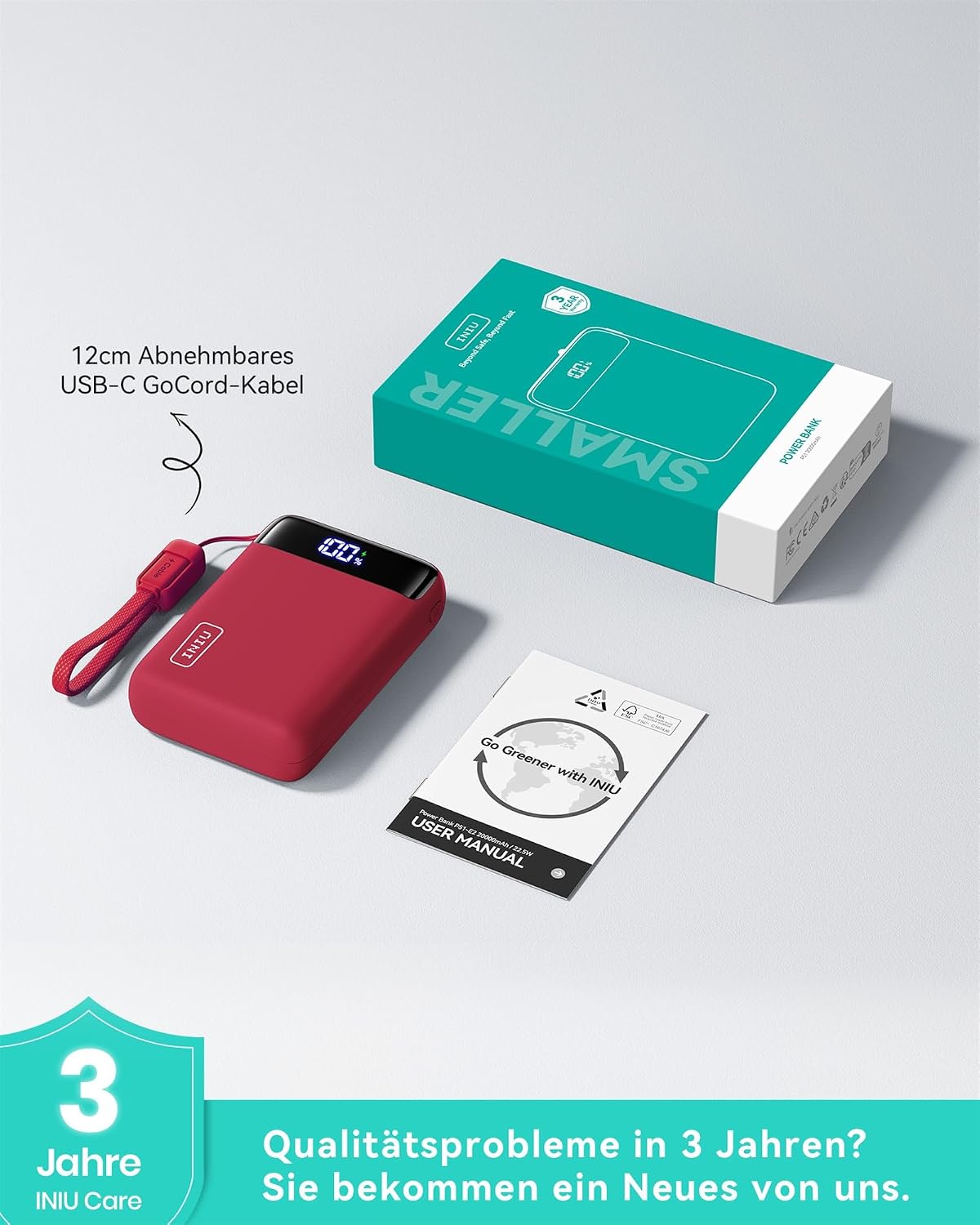 INIU Powerbank 20000 mAh 22.5W mit abnehmbarem USB‑C Kabel, flugtauglich