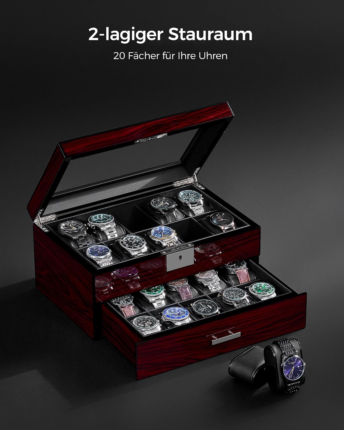 ANWBROAD Uhrenbox 20 Faecher Uhrenaufbewahrung Reiseetui Herren mit Glasdeckel