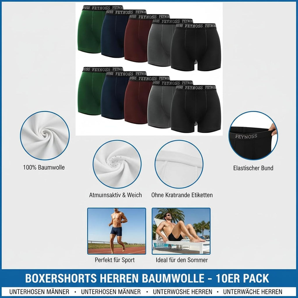 Boxershorts Herren 10er Pack - Baumwolle mit elastischem Bund, atmungsaktiv & oh