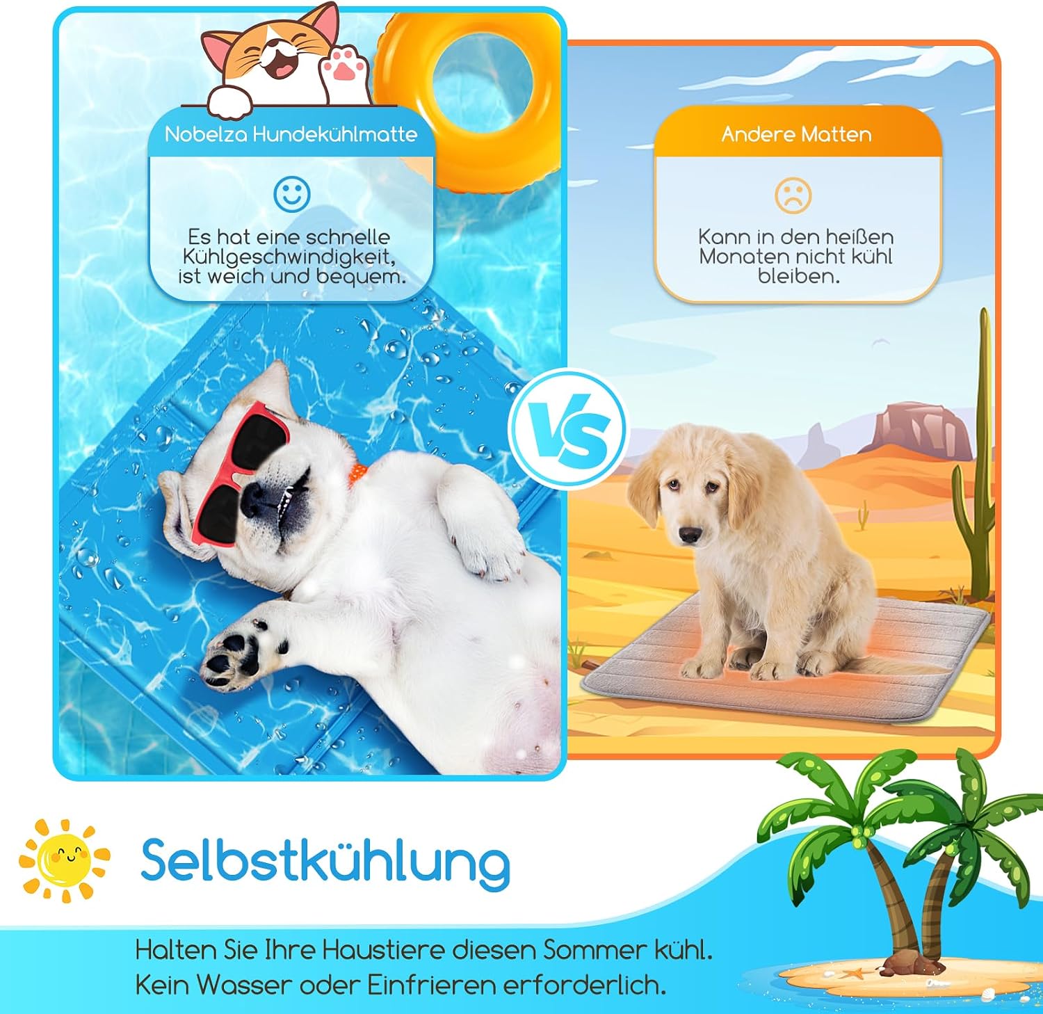 Nobleza Kuehlmatte fuer Hunde 65×50 cm Gel 2cm-80cm Hellblau selbstkuehlend