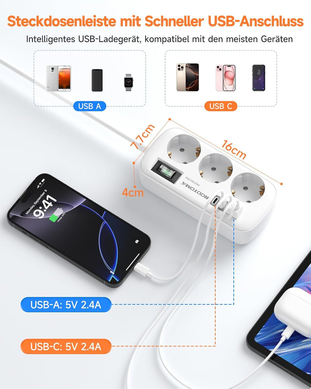 Steckdosenleiste 3-fach mit Ueberspannungsschutz und 4 USB 2x USB-C 1,5m-5m Weiss