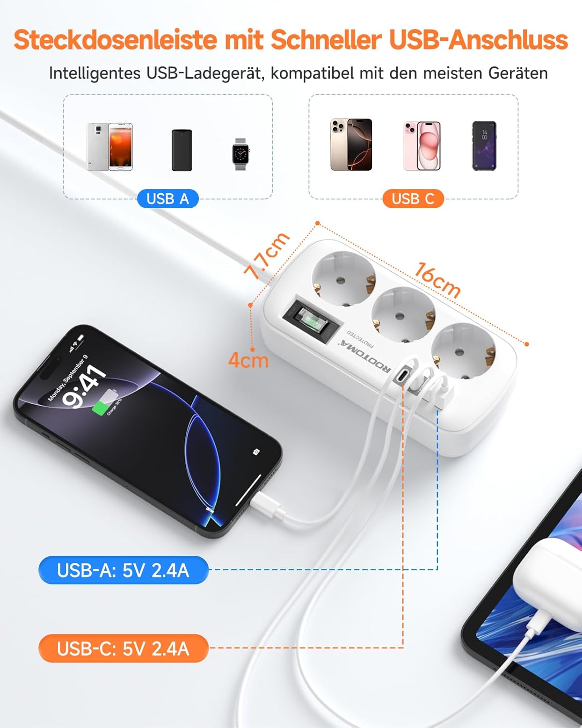 Steckdosenleiste 3-fach mit Ueberspannungsschutz und 4 USB 2x USB-C 1,5m-5m Weiss