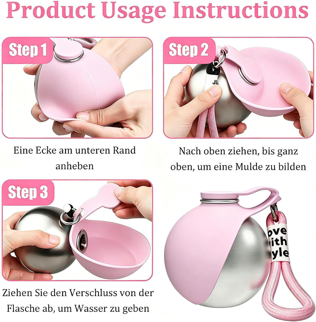 Hunde Trinkflasche 285 ml aus Edelstahl mit faltbarem Silikonnapf, auslaufsicher