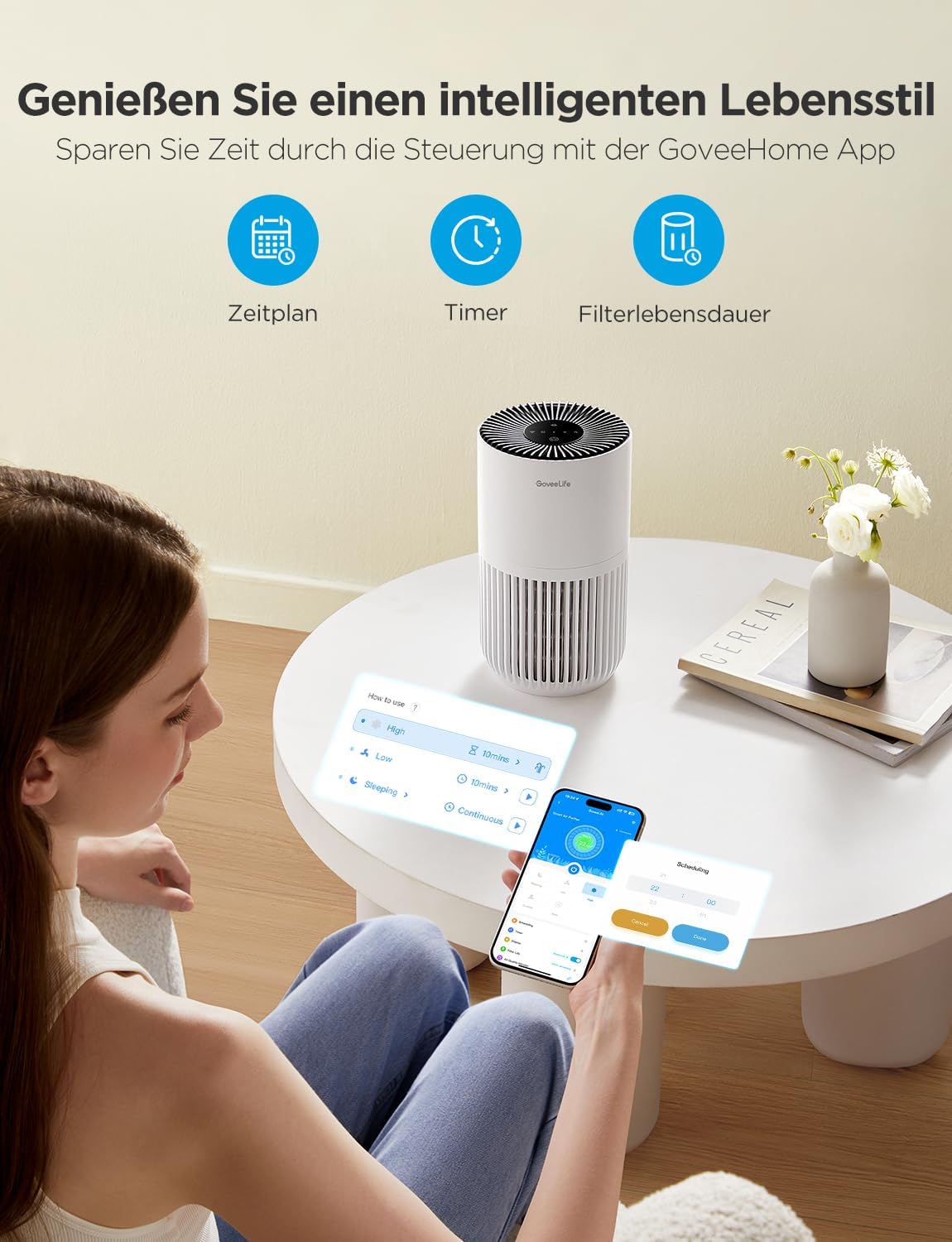 GoveeLife Mini Luftreiniger HEPA fuer Schlafzimmer Alexa Steuerung Timer 3 Stufen