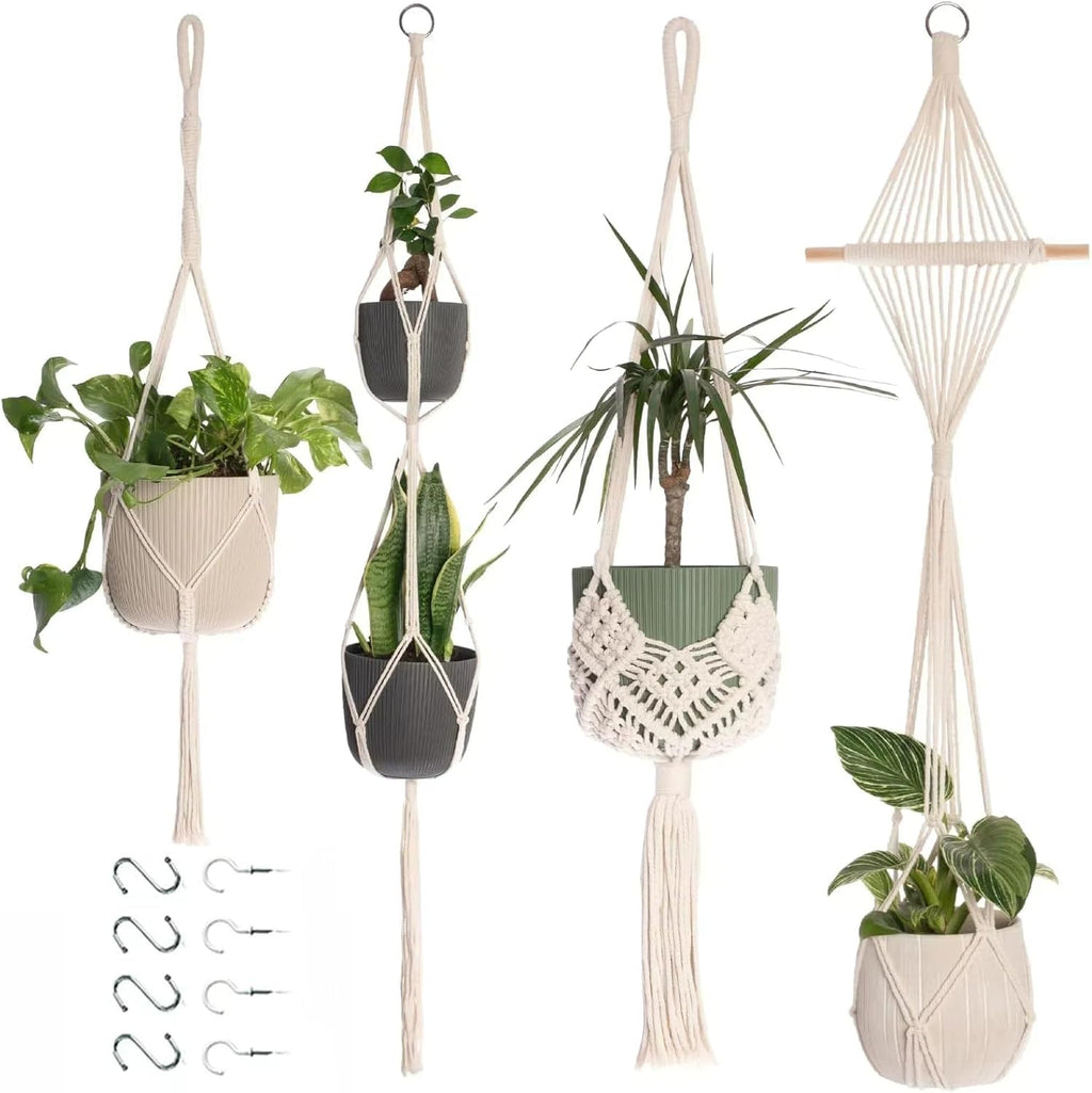 Makramee Blumenampel 4er Set Baumwollseil Haengeampel mit Haken Creme